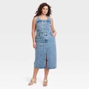 UNIVERSAL THREAD DENIM HALTER MIDI DRESS - Wow Sexy Plus Size 24 NWT - Slit
